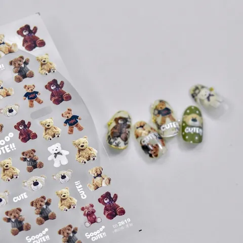 Retro Teddy Bear Nail Art Stickers Thin Flexible Cute Cartoon Animal Self Adhesive For DIY Manicure Decoration Women Girls
