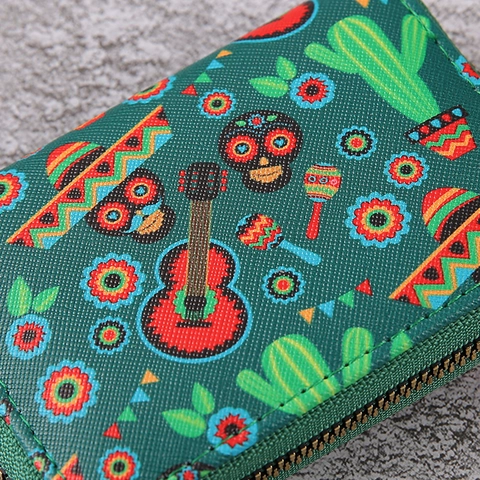 Women Zipper Wallet PU Leather Gothic Sugar Skull Floral Print Card Holder Multipurpose Organizer