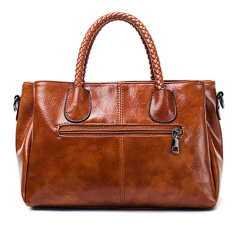 Boston Bag For Women Vintage Oil Wax PU Leather Woven Handle Multi Compartment Large Capacity Shoulder Crossbody Purse