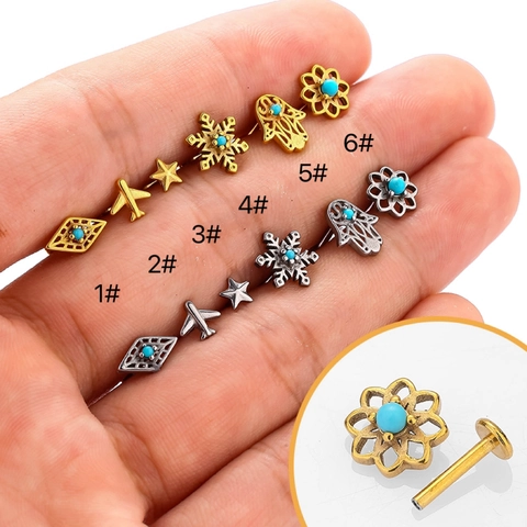 Retro Stainless Steel Internal Thread Lip Stud Flat Back Cartilage Earring Turquoise Flower Hamsa Hand Star Airplane