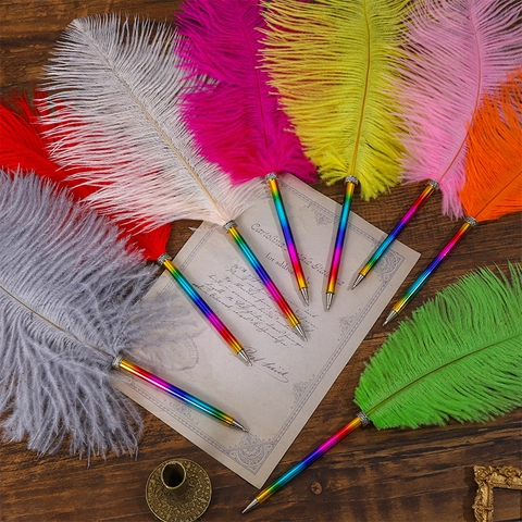 Vintage Feather Ballpoint Pen Rainbow Gradient Metal Barrel Natural Ostrich Plume Stationery Writing Wedding Gift