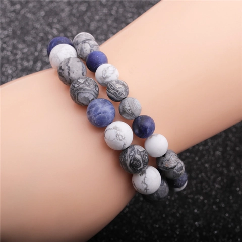 Pulseras De Cuentas De Piedra Natural Textura De Mármol Azul Mate Minimalista Geométrico Joyería Regalo Para Hombres Mujeres