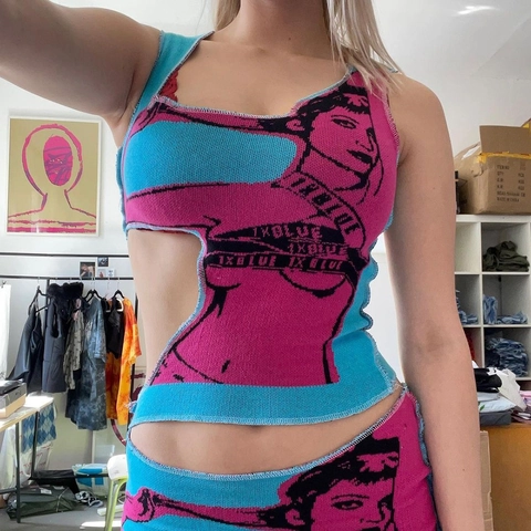 Women Knit Top And Mini Skirt Hollow Out Contrast Color Portrait Print Sexy Bodycon Streetwear Y2K Clubwear
