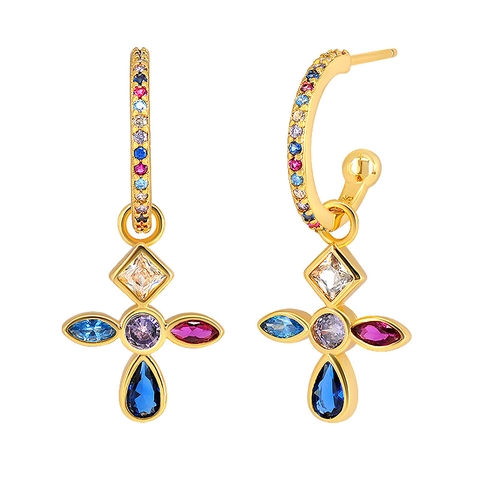 Bunte Zirkon Kreuz Creolen Mit 925 Sterling Silber Ohrstecker Kupfer Geometrischer Schmuck Für Frauen