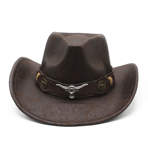 Western Cowboy Hoed Vintage Kunstleer Textuur Metalen Bull Head Decor Brede Rand Outdoor Zonbescherming Jazz Hoed