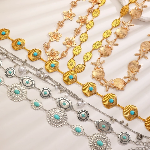 Vintage Bohemian Metal Waist Chain Belt For Women Ethnic Shell Flower Turquoise Pearl Embellished Adjustable Body Jewelry Gold Silver
