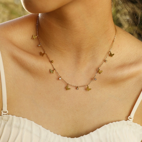 Collana In Acciaio Inossidabile Placcato Oro Con Ciondoli Farfalla Cuore Stella In Zircone Catena Da Clavicola Donna
