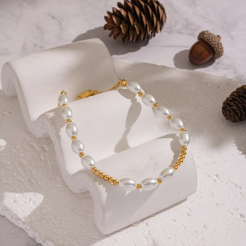 Artificial Pearl Beaded Bracelet Stainless Steel 18K Gold Plated Waterproof Hypoallergenic Adjustable Elegant Jewelry For Women