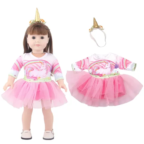 Einhorn Puppenoutfit Rosa Netzrock Und Goldener Horn Stirnband Mädchen Spielzeug Zubehör
