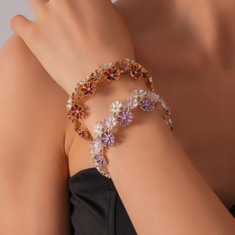 Bracelet Élastique Fleur Vintage Alliage Émail Goutte Huile Strass Style Ethnique Bohème Bijoux Pour Femmes