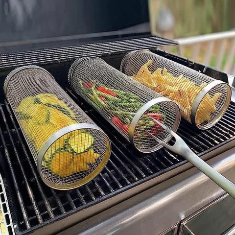 Cestello Per Griglia Rotante Acciaio Inossidabile 304 Maglia Cilindrica Rotondo Per Barbecue All'aperto Campeggio