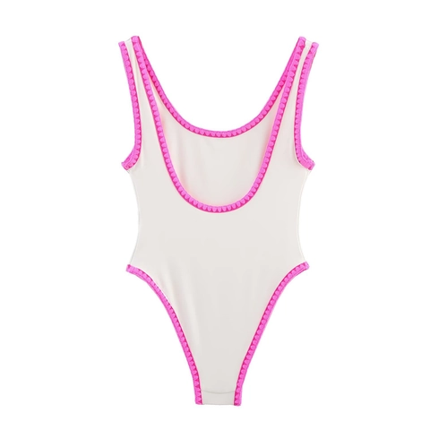 Damen Badeanzug Weiß Kontrast Rosa Wellenförmiger Besatz Tiefer U-Ausschnitt Ärmellos Strandmode Schlankmachend