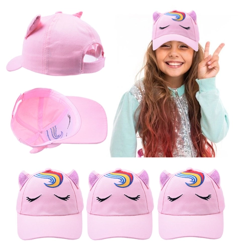 Kinder Mädchen Einhorn Baseballkappe Baumwolle Verstellbarer Sonnenhut Mit Regenbogen Stickerei Und Pailletten Ohren Outdoor Rosa Hut