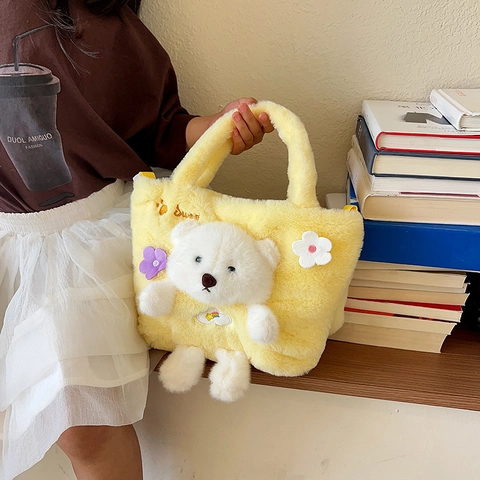 Kids Plush Crossbody Bag Cute 3D Bear Decoration Soft Faux Fur Handbag For Girls Sweet Flower Accents Korean Style Tote