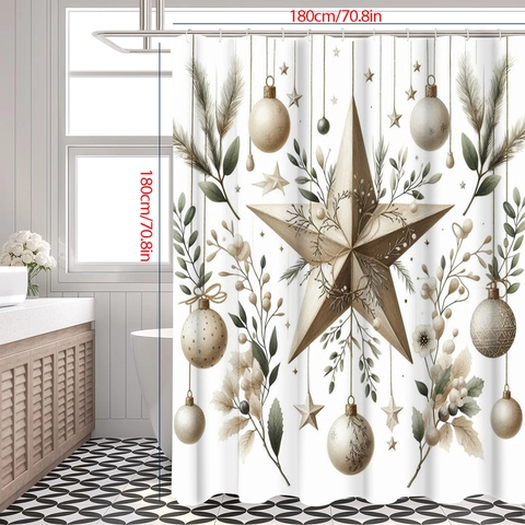 Kerst Douchegordijn Waterdicht Polyester Vintage Ster Patroon Noordse Vakantie Decor Badkamer Accessoires Met Haken