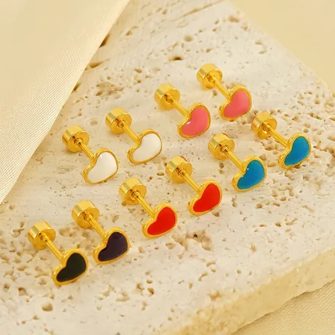Minimalist Heart Stud Earrings Stainless Steel 18K Gold Plated Enamel Screw Back Secure Fastening For Women Girls