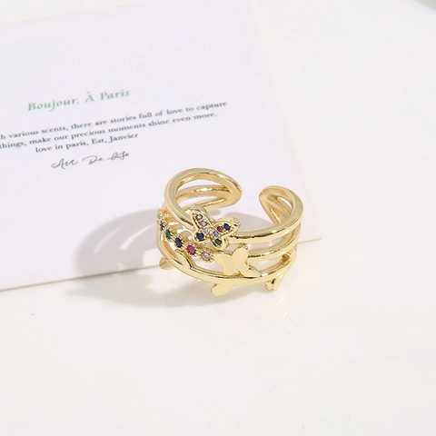 Bague Ouverte Papillon Laiton Plaqué Or Triple Couche Zircon Coloré Bijoux De Mode Pour Femmes