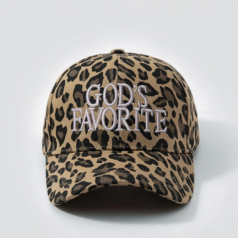 Leopard Print Baseball Cap Gods Favorite Embroidery Adjustable Outdoor Sun Hat Curved Brim Polyester Headwear