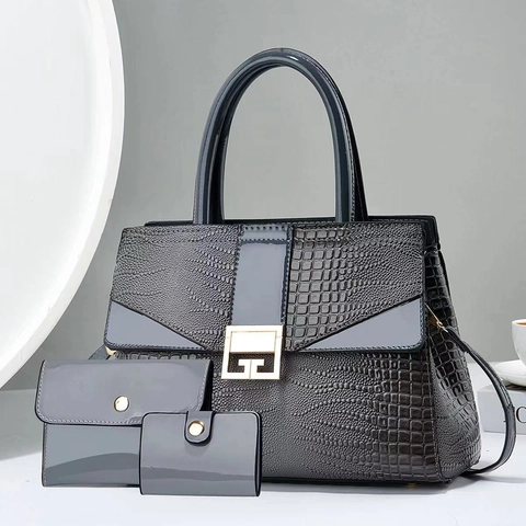 Damen Handtasche Umhängetasche Und Clutch Und Kartenhalter Krokodilmuster PU-Leder Glänzend Große Kapazität G-Schnalle Modisch