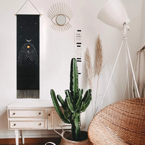 Bohemian Vertical Wall Tapestry Polyester Cotton Celestial Moon Phase Long Hanging Decor With Tassels Mystic Patterns