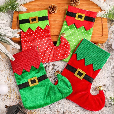 Calze Di Natale Elf Ornamenti Appesi Velluto Feltro Sacchetti Di Caramelle Con Fibbia Dorata E Campanelli Decorazione Festa