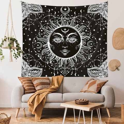 Arazzo Sole Luna Stelle Nero Bianco Poliestere Appeso Parete Bohemien Mistico Mandala Arte Decorazione Camera Letto Soggiorno