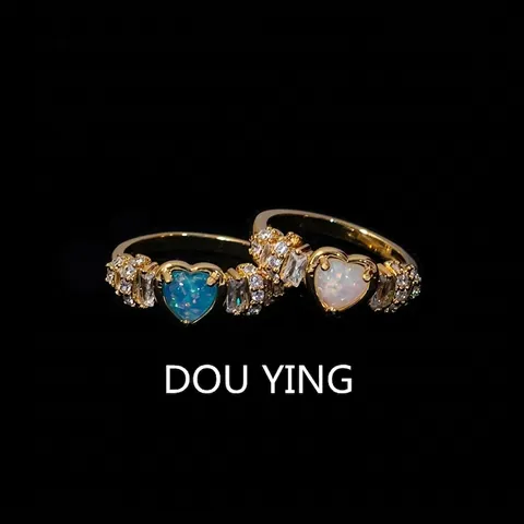 Heart Shape Imitation Opal Ring Copper Cubic Zirconia Vintage French Style Elegant Niche Jewelry Adjustable Finger Ring