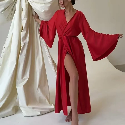 Bata De Satén Para Mujer Camisón Largo Mangas De Campana Cuello En V Abertura Alta Ropa De Dormir Elegante