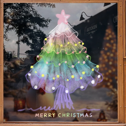 Christmas Tree Window Stickers PVC Static Cling Rainbow Gradient Double Sided Hand Drawn Chalk Art For Glass Door Home
