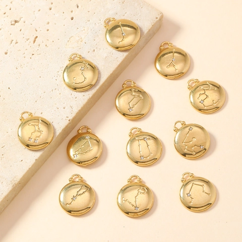 Pendente Costellazione Dello Zodiaco Placcato Oro 18K Acciaio Inossidabile Ciondolo Rotondo In Rilievo Con Cristallo Per DIY