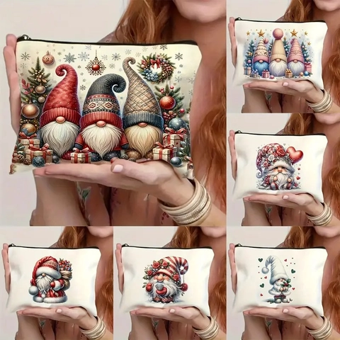 Borsa Per Trucco Con Stampa Gnomo Cartone Animato Pochette Cosmetica In Lino Fine Con Cerniera Tema Natale Portatile