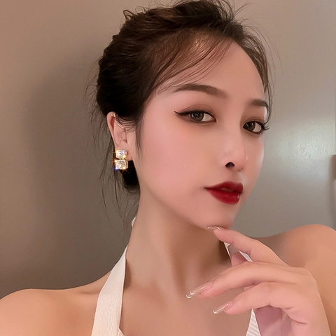 Elegant Double Square Alloy Rhinestone Stud Earrings With 925 Sterling Silver Earring Post Geometric Luxury For Women