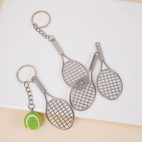 Miniature Tennis Racket And Ball Alloy Metal Sports Keychain Accessory For School Bag Decor Dollhouse Realistic Tiny Toy