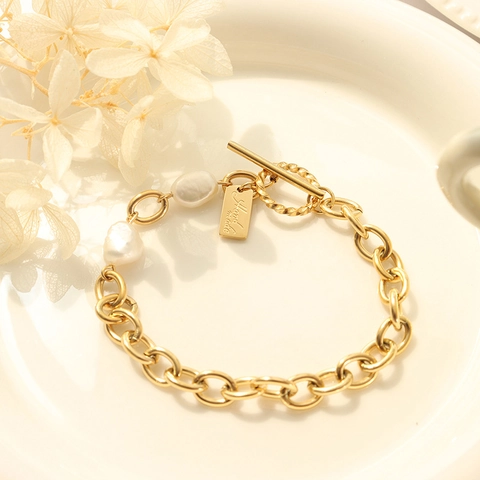 Bracciale Da Donna In Acciaio Al Titanio Con Süßwasserperle D Acqua Dolce Stile Barocco Chiusura A Levetta Fibbia OT Piastra Quadrata Geometrica Minimalista