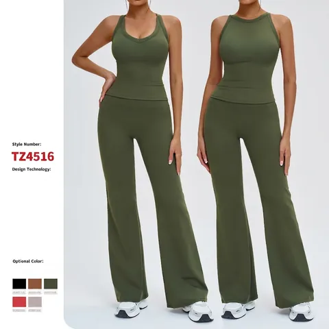 Nylon Spandex Ribbed Knit Tank Top And High Waist Flare Pants Women Yoga Workout Clothes Activewear Gym Fitness Outfits