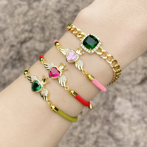 Bracelet Couronne Coeur Aile Vintage Femmes Cuivre Plaqué Or 18K Zircon Cordon Tressé Réglable Bijoux