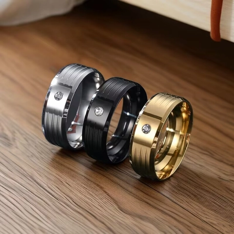 Men Fashion Titanium Steel Ring Minimalist Inlaid Rhinestone Band Ring With Groove Design Polished Finish Men Finger Ring Gift
