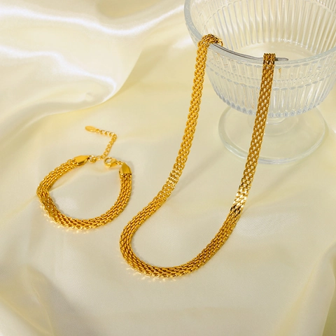 Vintage 18K Gold Plated Titanium Steel Woven Mesh Necklace For Women Men Retro Flat Milan Chain Jewelry Minimalist Bracelet