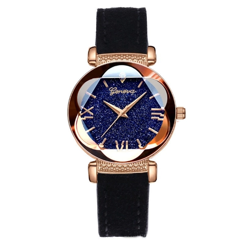 Reloj de Cuarzo para Mujer Geneva Cielo Estrellado Caja de Aleación Oro Rosa Números Romanos Correa de Piel Sintética Reloj de Pulsera Casual Regalo