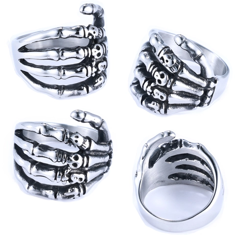 Skull Hand Ring Stainless Steel Skeleton Bone Retro Gothic Punk Biker Jewelry For Men