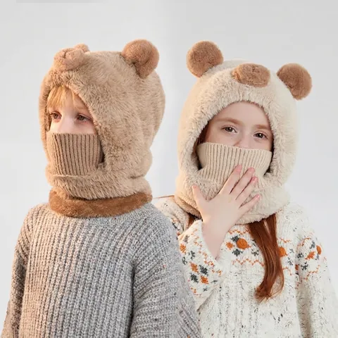 Passamontagna Bambini Cappello Sciarpa Maschera Integrato Peluche Orecchie Di Orso Inverno Caldo Antivento All'aperto Cartoon