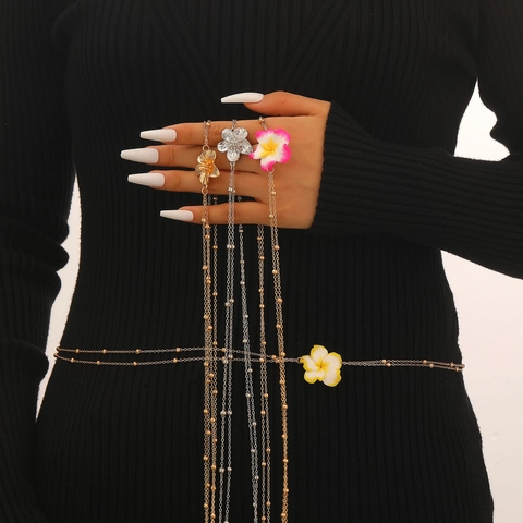Cadena de Cintura Bohemia con Flor de Frangipani para Mujer Oro Plata Aleación Cuentas Cadena de Cuerpo Accesorios de Vestido