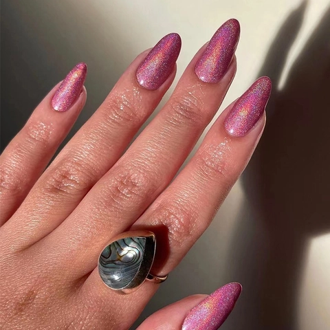 Pink Holographic Glitter Press On Nails Long Almond Stiletto Aurora Shine Glossy Artificial False Fingers Decorative Manicure