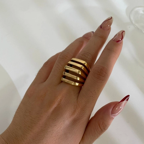 Stainless Steel Multi Layer Cutout Geometric Wide Band Ring 18K Gold Plated Polished Minimalist Jewelry For Women