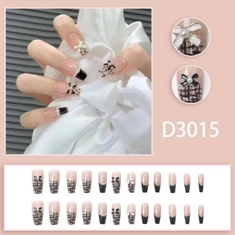 Französische Lange Sargform Press On Nägel Nude Rosa Mit Schwarzer Schleife Künstliche Perlen Dekor 3D Karomuster Ballerina Falsche Nägel