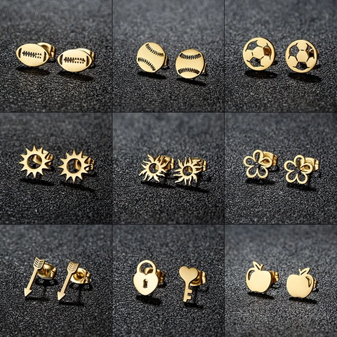 Stainless Steel Stud Earrings Sports Football Baseball Rugby Apple Sun Arrow Heart Lock Key Minimalist Punk Jewelry For Women