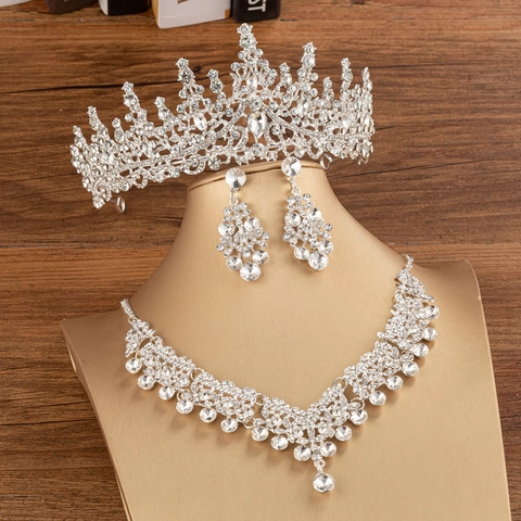 Corona Sposa Tiara Collana Orecchini Cristallo Bianco Rhinestone Lega Lusso Matrimonio Festa Compleanno Accessori