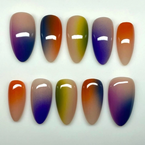 Long Almond Press On Nails Rainbow Smudge Gradient Glossy Mirror False Nails Full Cover Manicure Art