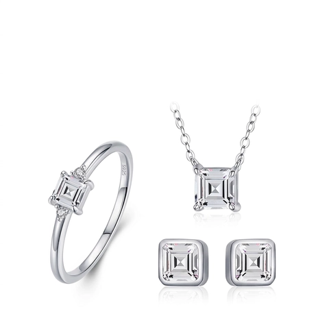 925 Sterling Silber Schmuckset Für Damen Quadratische Zirkonia Geometrische Halskette Ohrringe Und Ring Minimalistischer Luxus