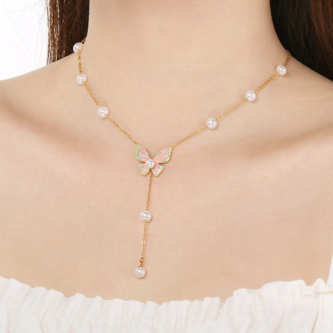 Collana A Strati Farfalla Cuore Zircone Stella Luna Pendente Acciaio Inossidabile Placcato Oro Perla Artificial Gioielli Donna